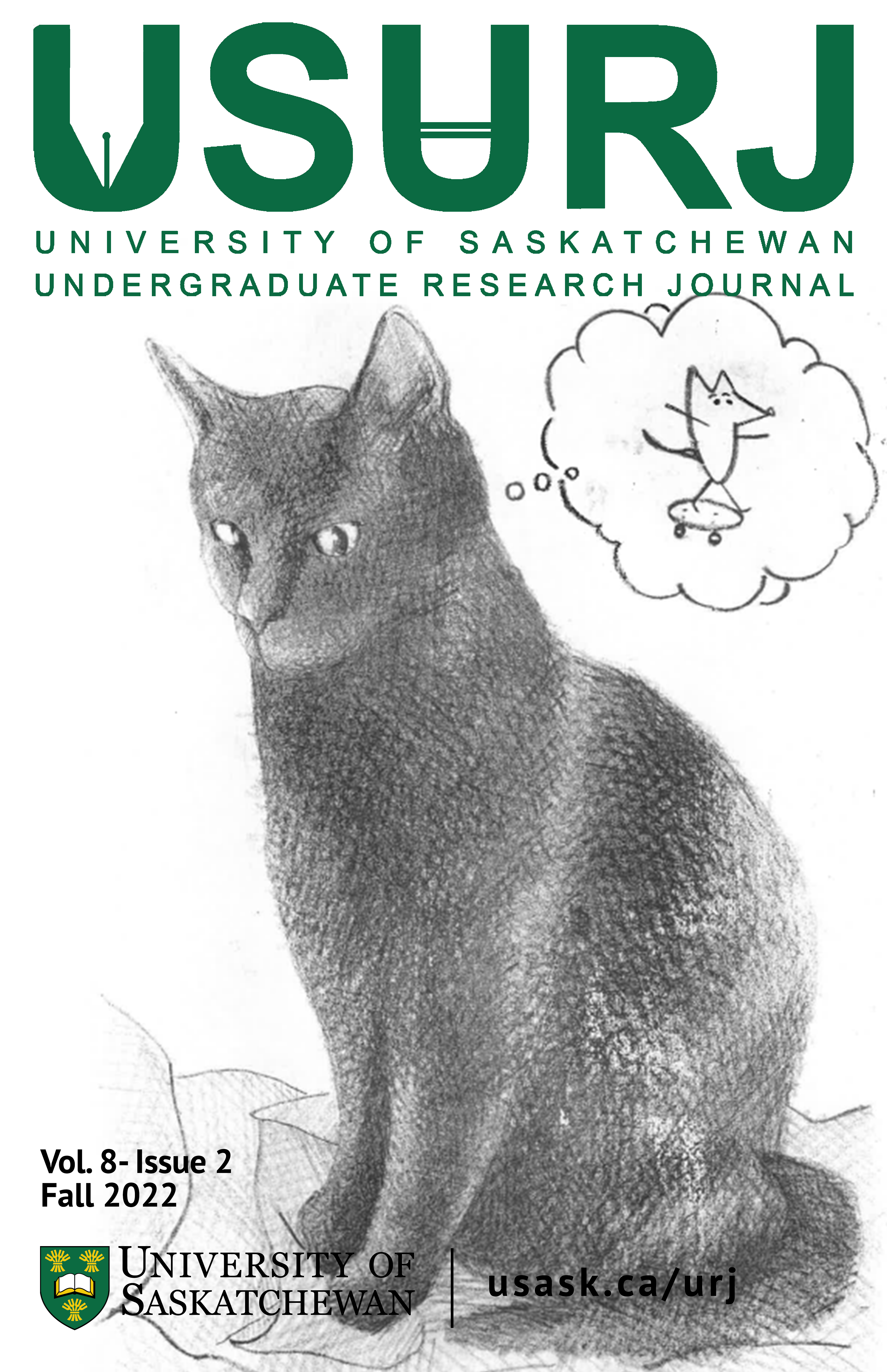 USURJ Cover for Fall 2022. Pencil sketch of a cat thinking about a mouse on a skateboard.